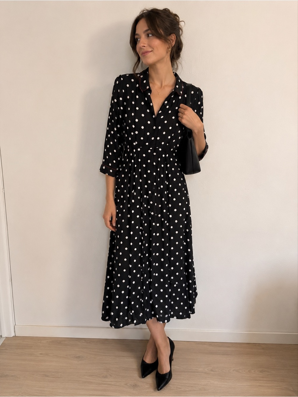 Zara Black and White Polka Dot Midi Dress